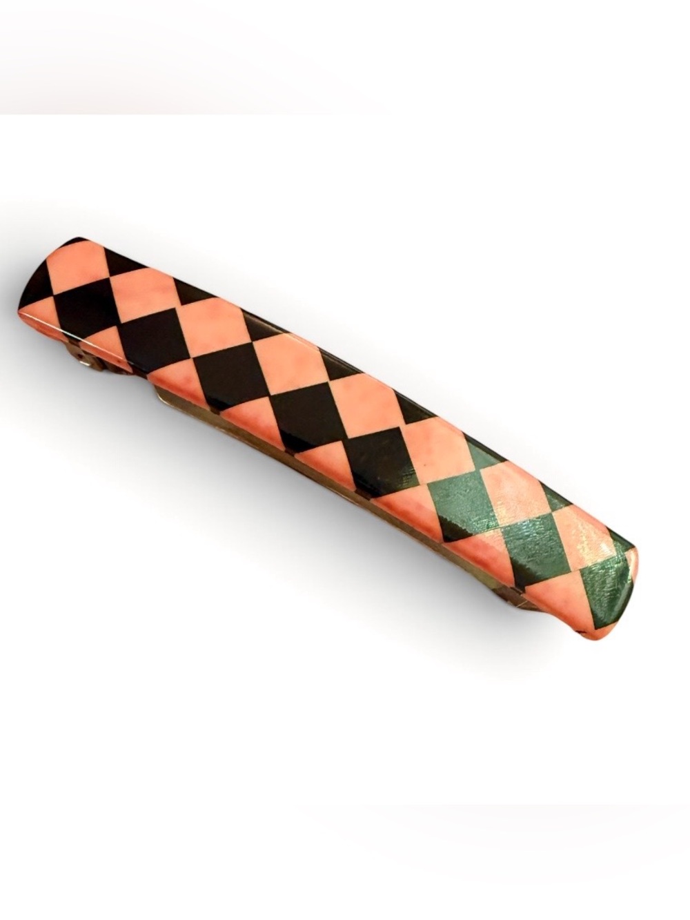 1980’s French Bar Barrette in Pink and Black Check, 3.25” Long, Deadstock Unworn